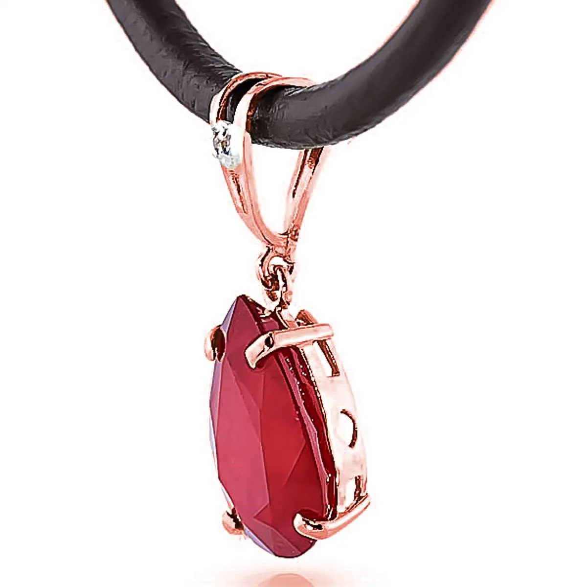 14K Solid Rose Gold & Leather Diamond/Ruby Necklace