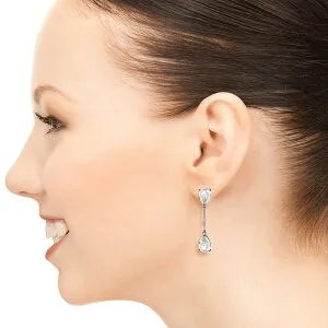 14K Solid White Gold Diamonds & White Topaza Dangling Earrings