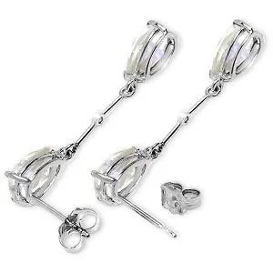 14K Solid White Gold Diamonds & White Topaza Dangling Earrings