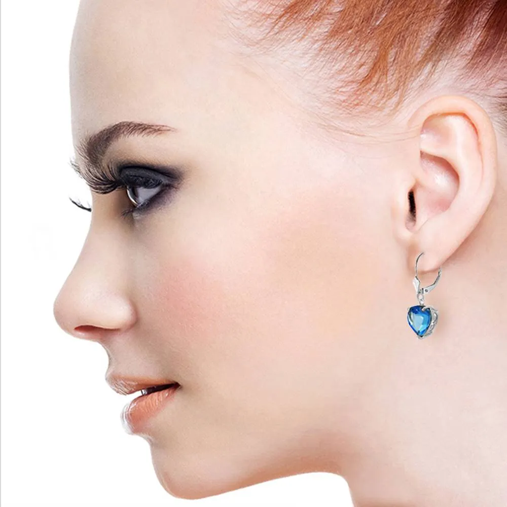 14K Solid White Gold Leverback Earrings Natural 10mm Heart Blue Topaz