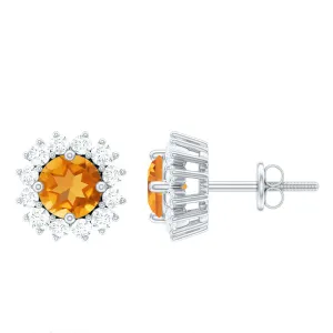 1.50 CT Classic Citrine and Diamond Halo Stud Earrings