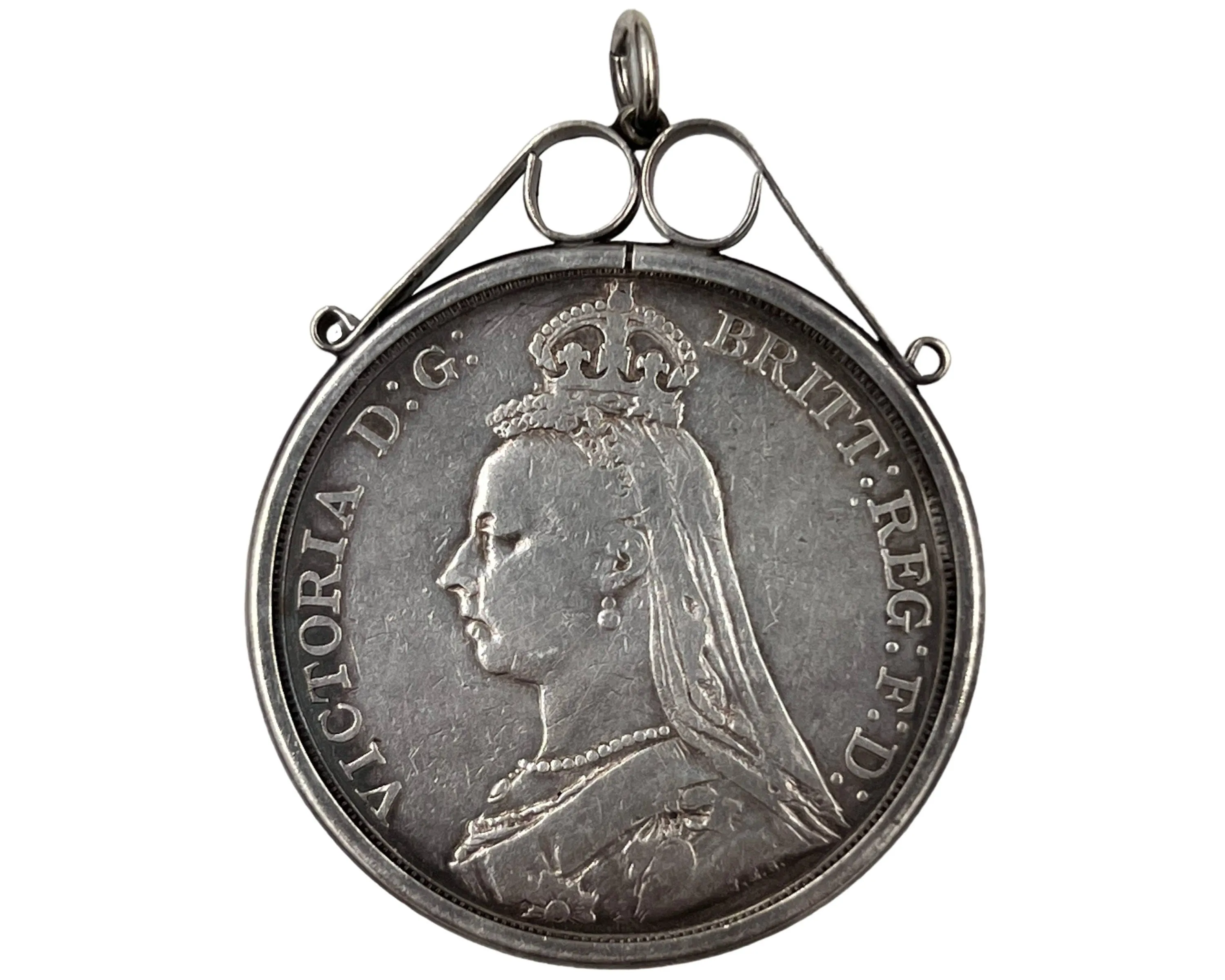 1889 Victoria Jubilee Silver Crown Coin in Pendant Holder United Kingdom