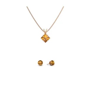 18K Rose Gold 2ct Citrine Square 18 Inch Necklace and Round Earrings Set Plated