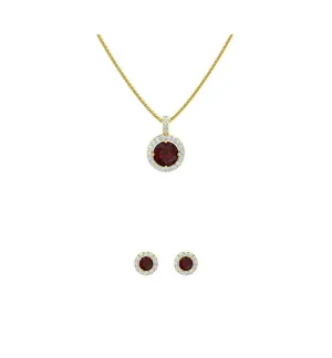 18K Yellow Gold 3ct Halo Garnet Round 18 Inch Necklace and Halo Earrings Set Plated