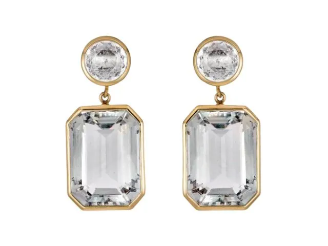 18k Yellow Gold White Topaz Bezel Drop Earrings