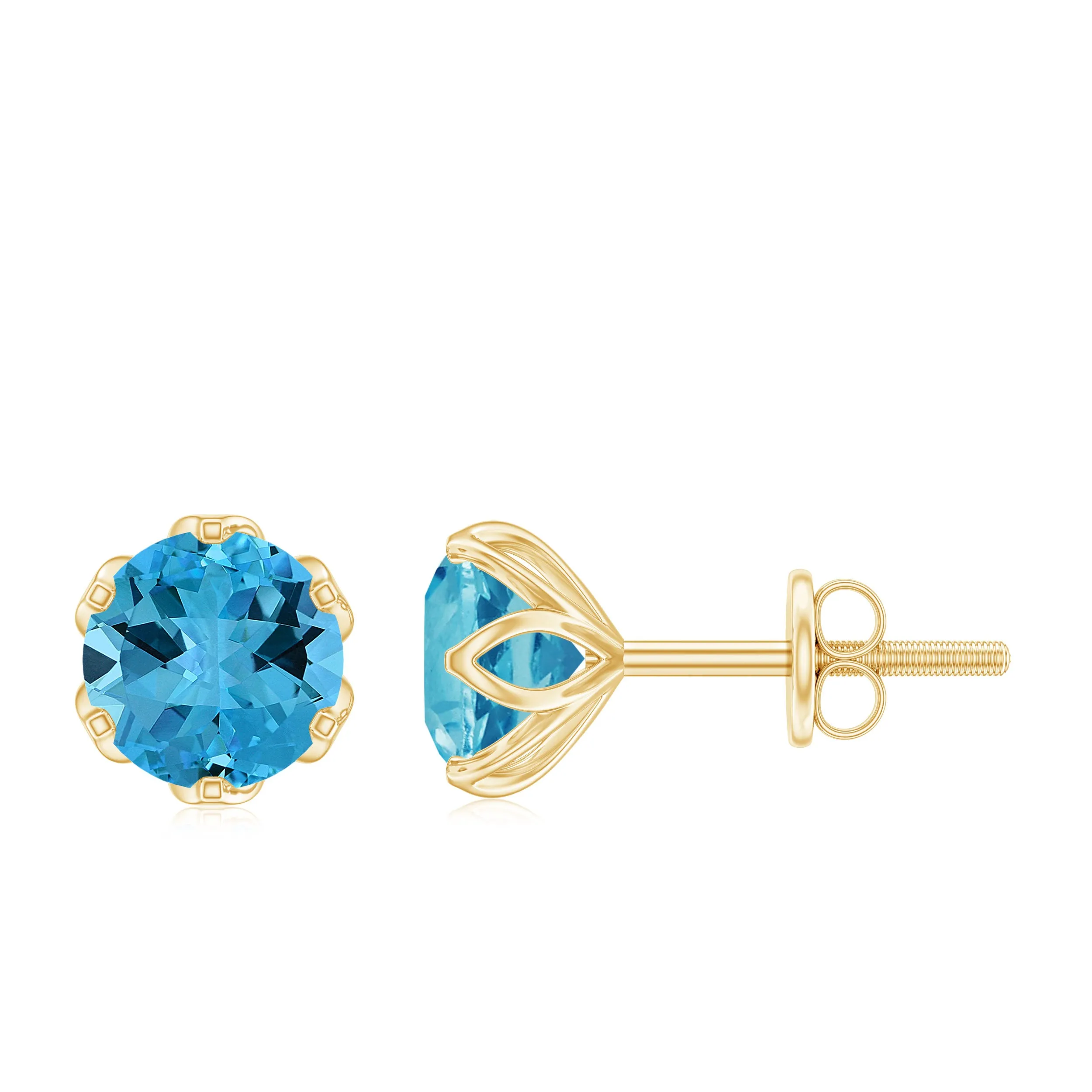 6 MM Swiss Blue Topaz Solitaire Stud Earrings in Lotus Basket Setting
