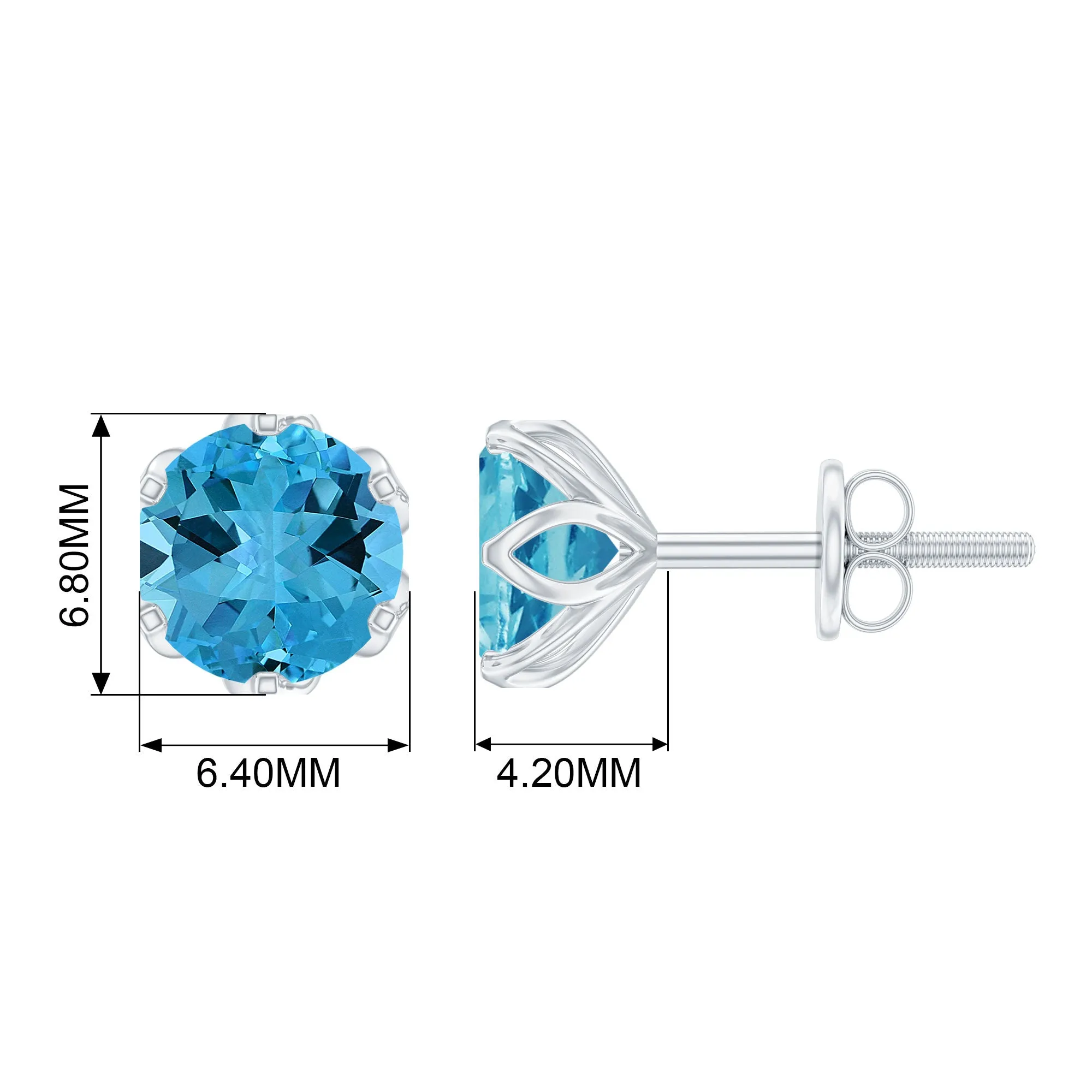 6 MM Swiss Blue Topaz Solitaire Stud Earrings in Lotus Basket Setting