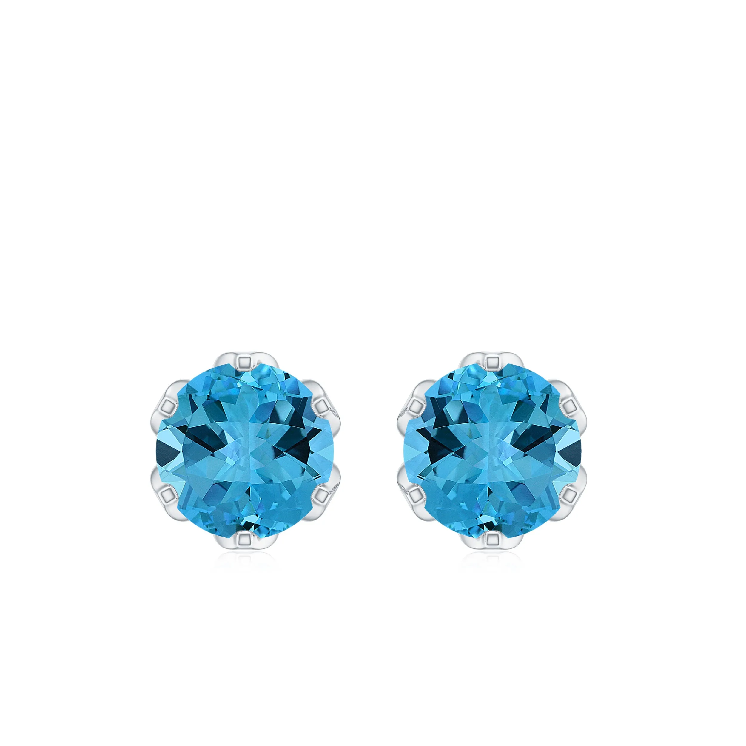 6 MM Swiss Blue Topaz Solitaire Stud Earrings in Lotus Basket Setting
