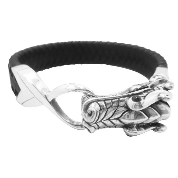 AB-1079-GA Sterling Silver Black Leather Bracelet With Garnet Eye