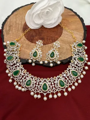 AD Emerald Green Stone Peacock Design Short Neckline Neckalce