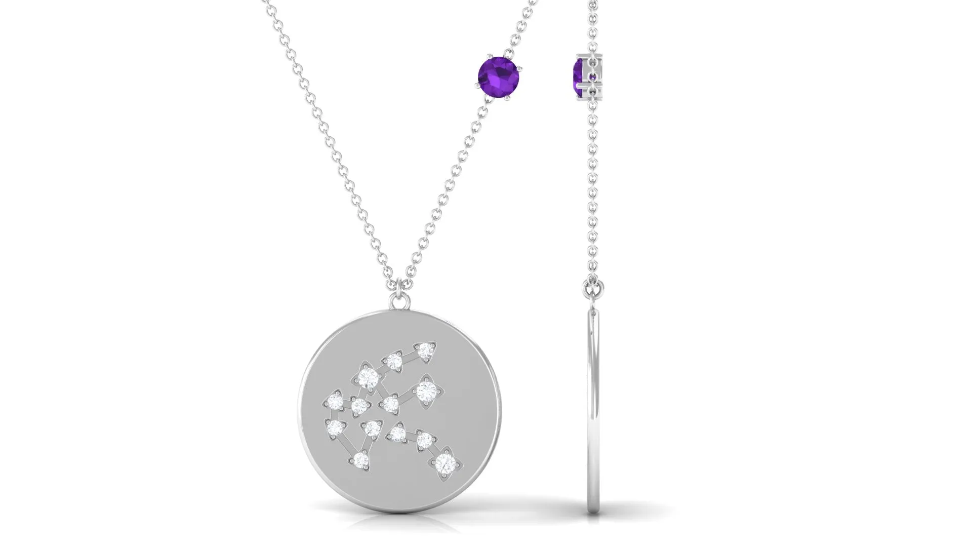 Amethyst Aquarius Constellation Disc Pendant with Moissanite