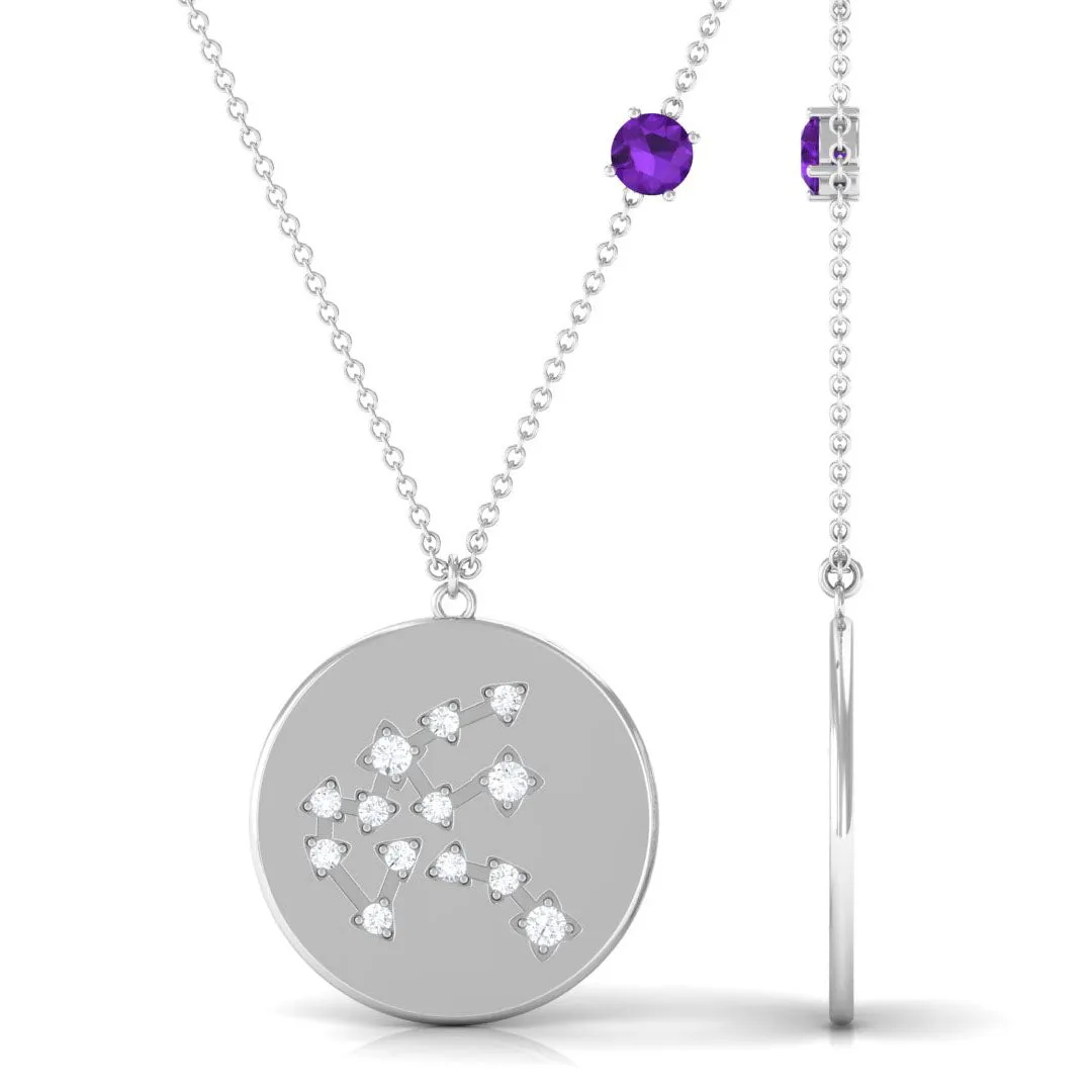 Amethyst Aquarius Constellation Disc Pendant with Moissanite