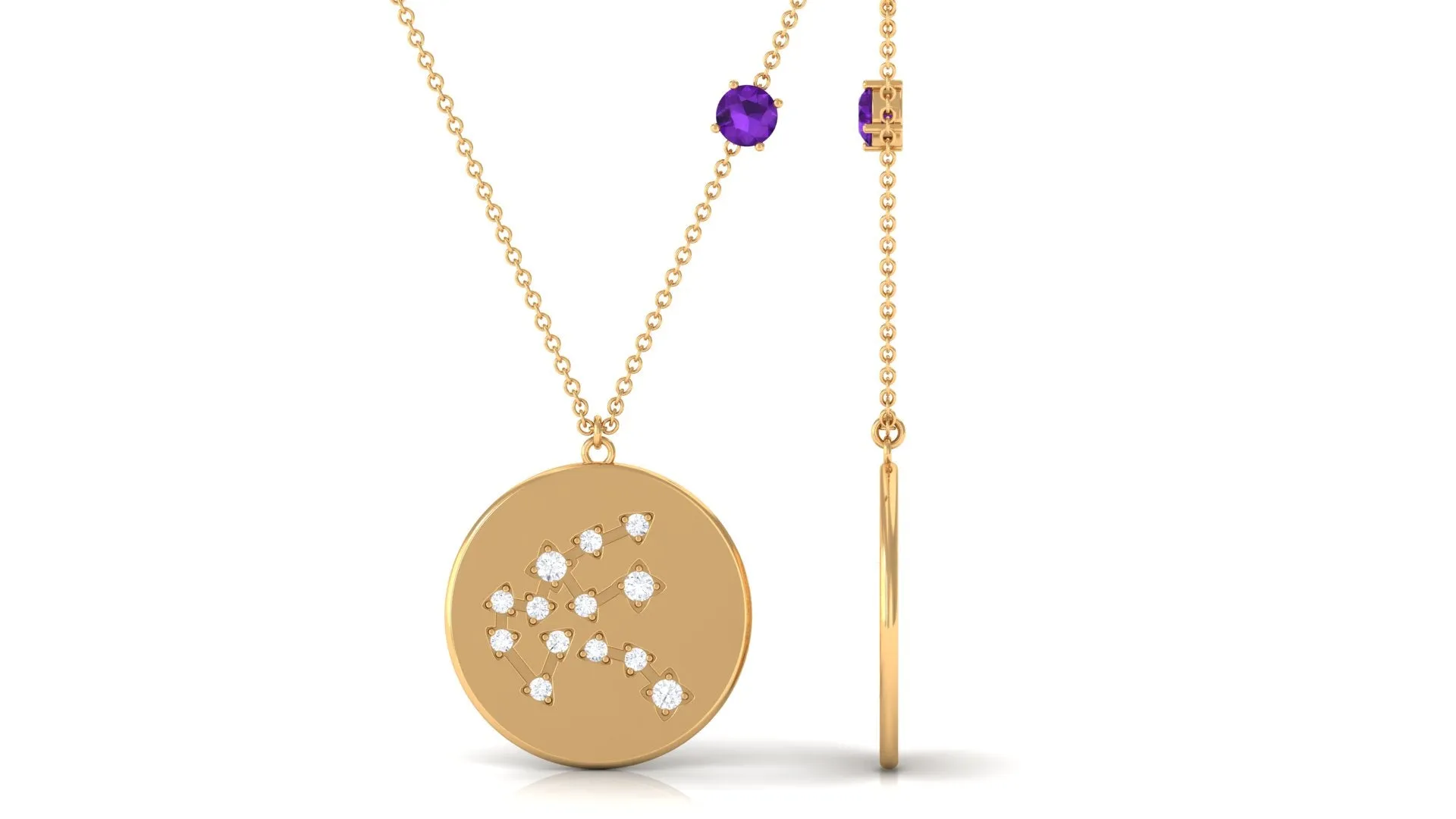 Amethyst Aquarius Constellation Disc Pendant with Moissanite
