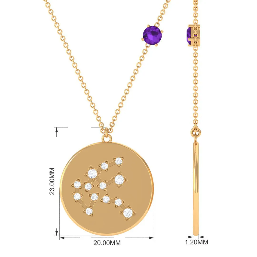 Amethyst Aquarius Constellation Disc Pendant with Moissanite