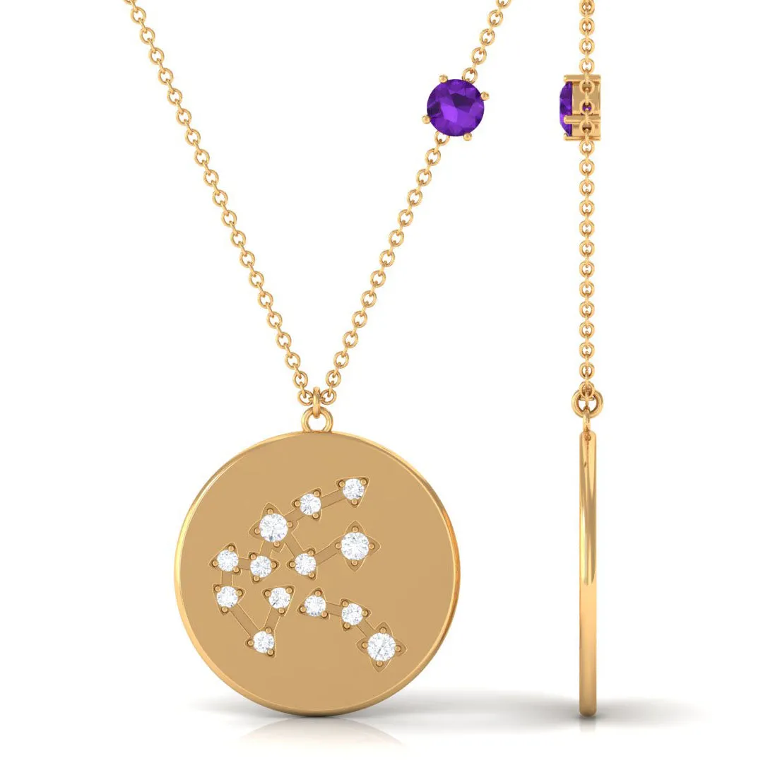Amethyst Aquarius Constellation Disc Pendant with Moissanite