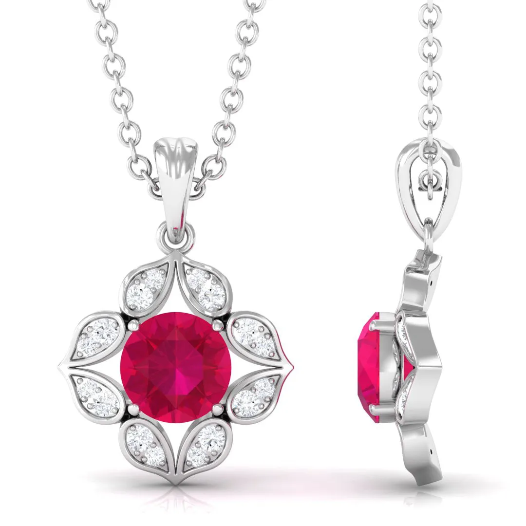 Antique Style Natural Ruby Bridal Pendant with Diamond