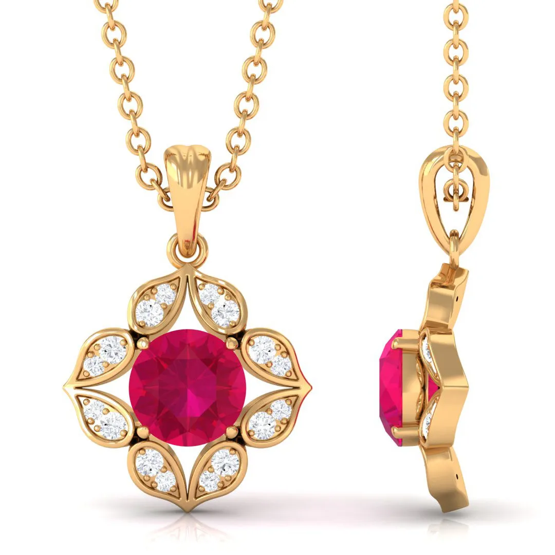 Antique Style Natural Ruby Bridal Pendant with Diamond