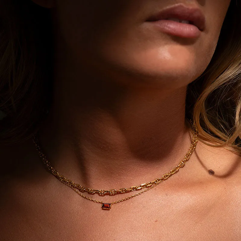 Baguette Mini Necklace, Garnet, 9kt Yellow Gold