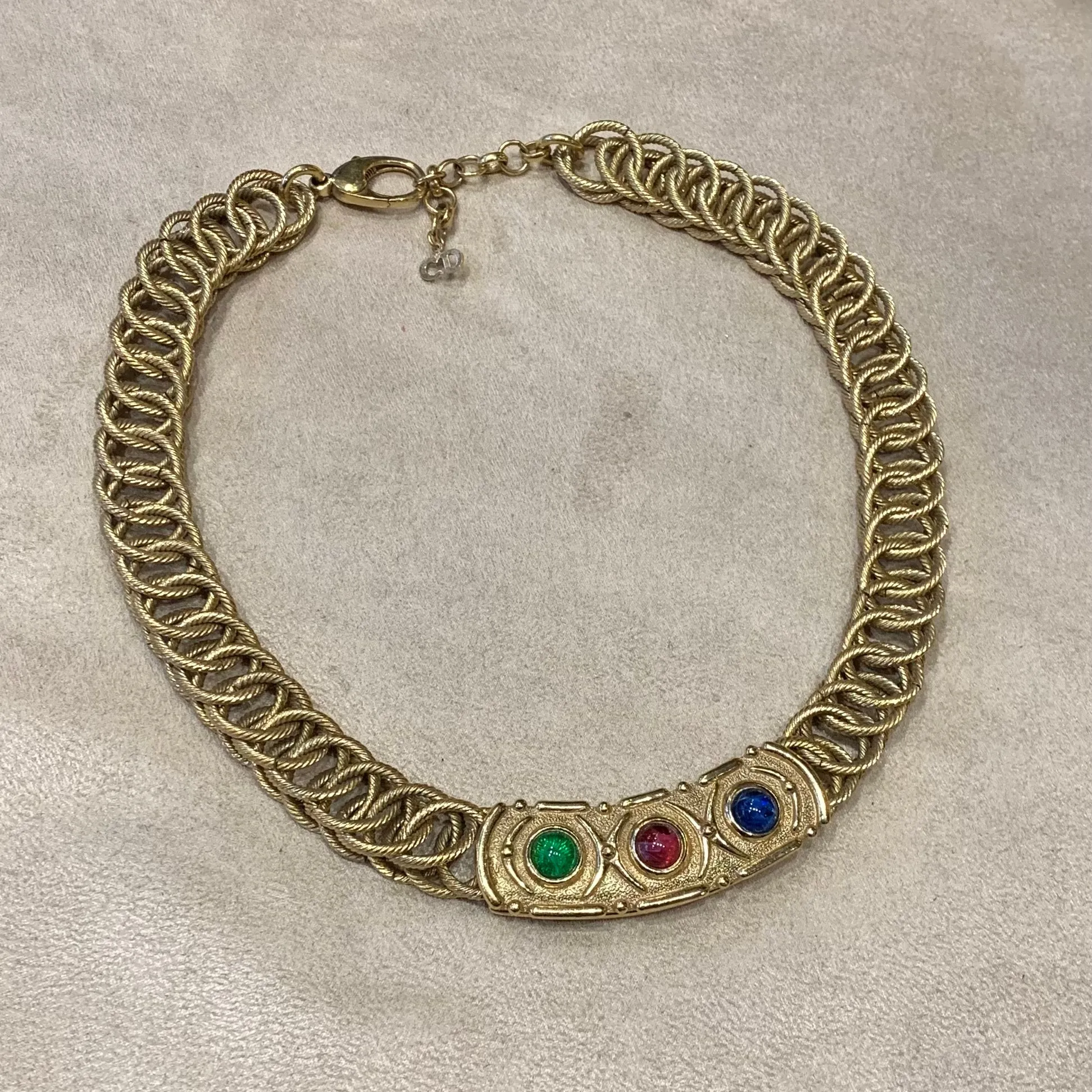 Christian Dior Ruby Emerald Sapphire Vintage Gold Chain necklace