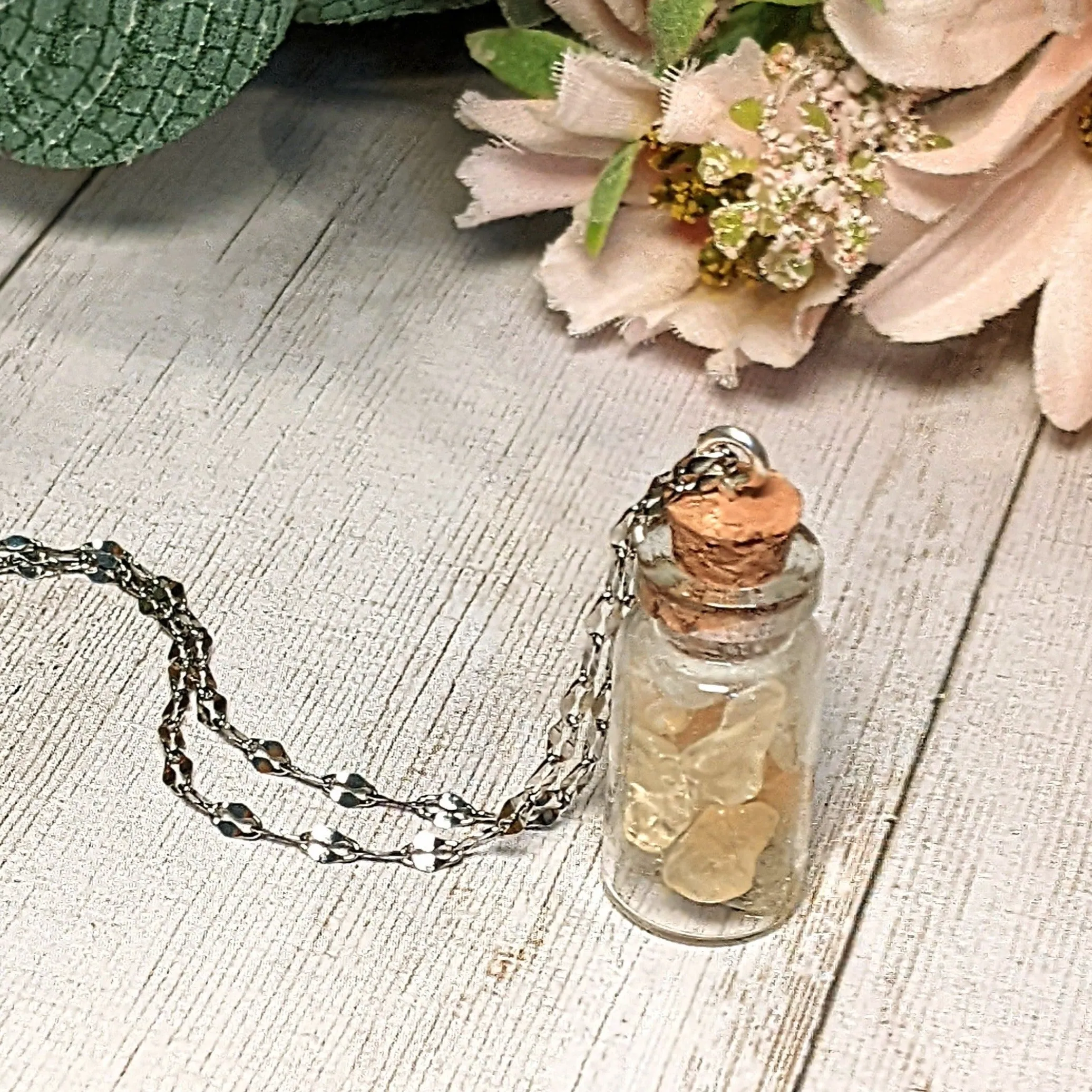Citrine Gemstone Bottle Necklace, 20 or 24 inch, Silver/Gold