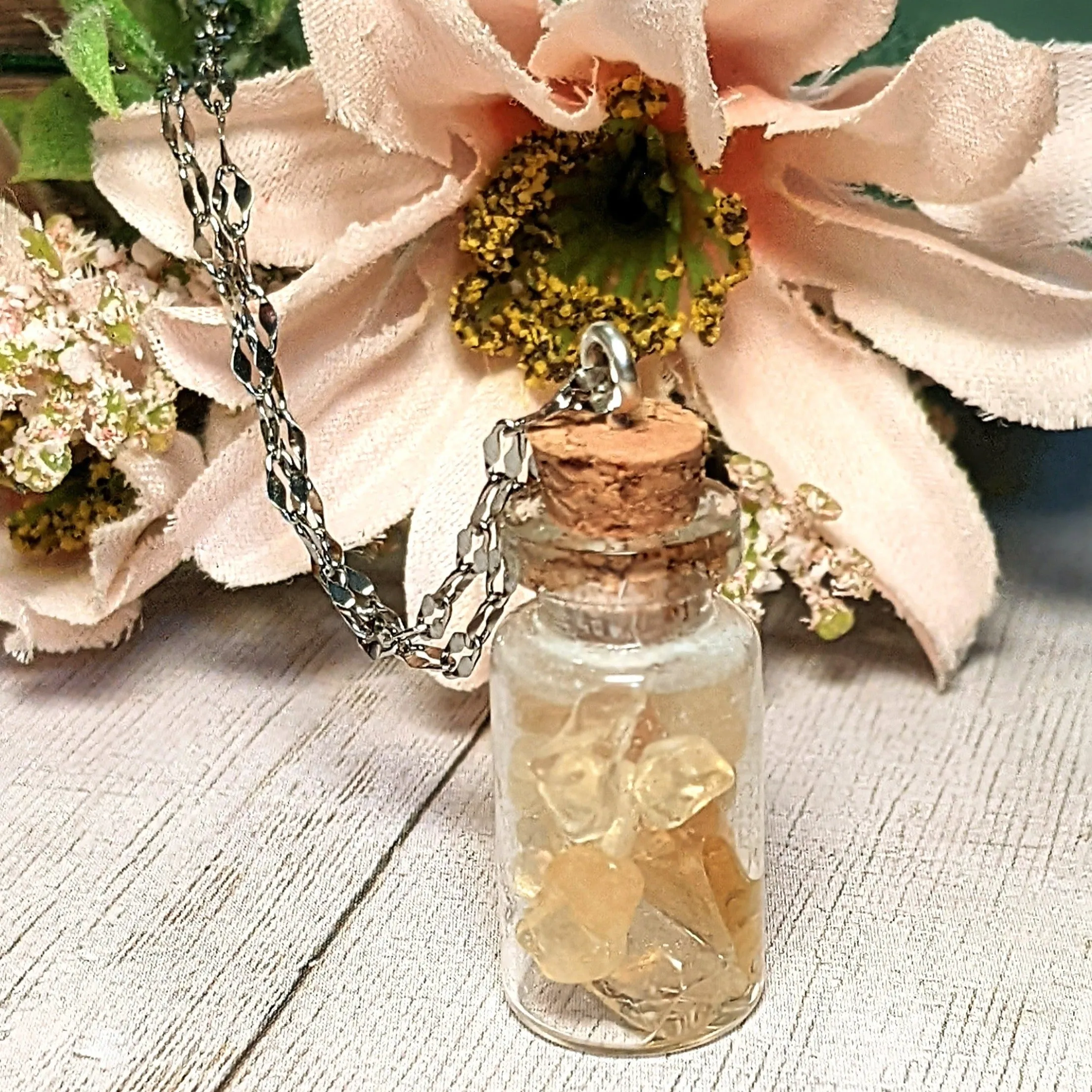 Citrine Gemstone Bottle Necklace, 20 or 24 inch, Silver/Gold