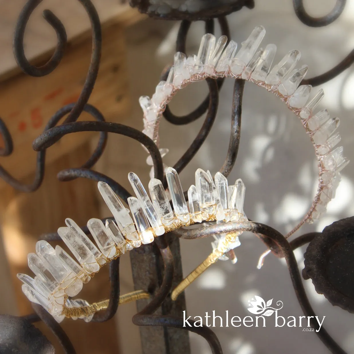 Crystal quartz bridal crown with rose gold, gold or silver wirework  - 35cm height