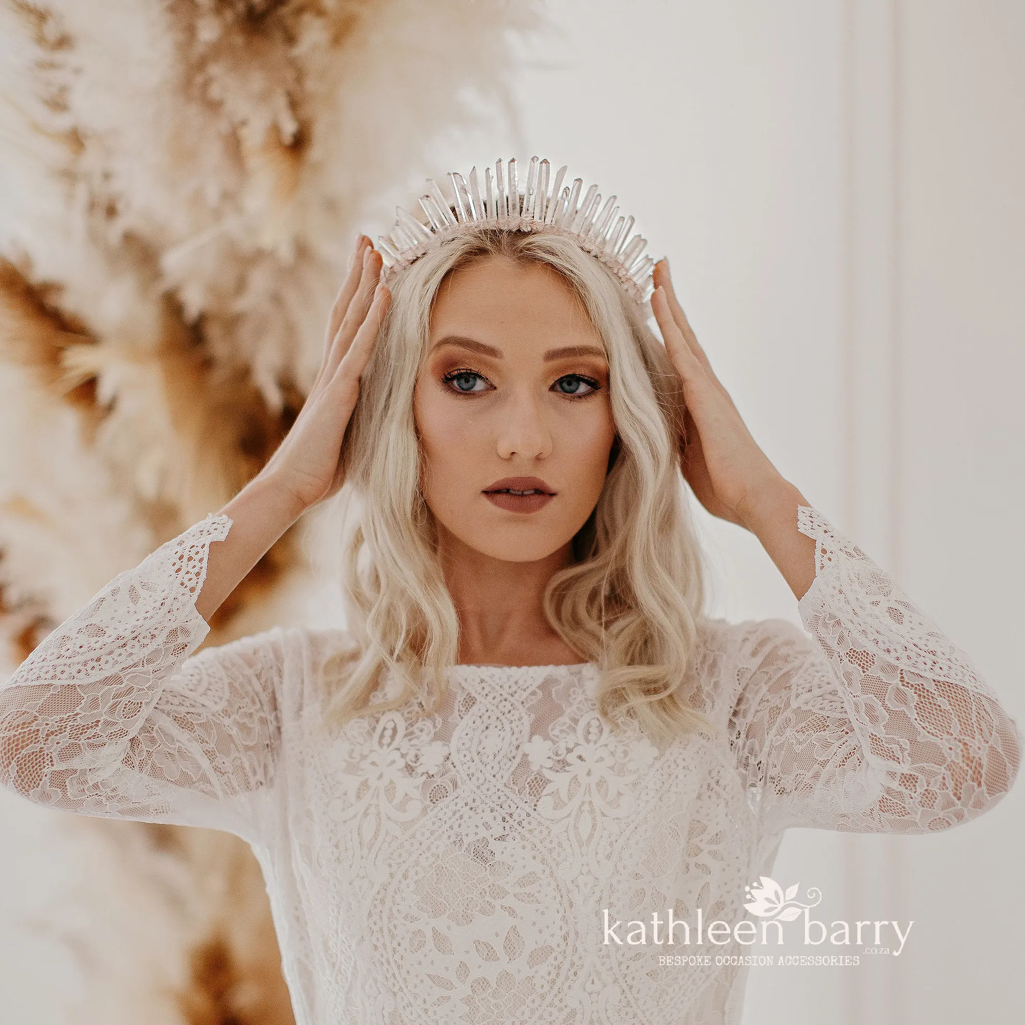 Crystal quartz bridal crown with rose gold, gold or silver wirework (more even grading fine points)
