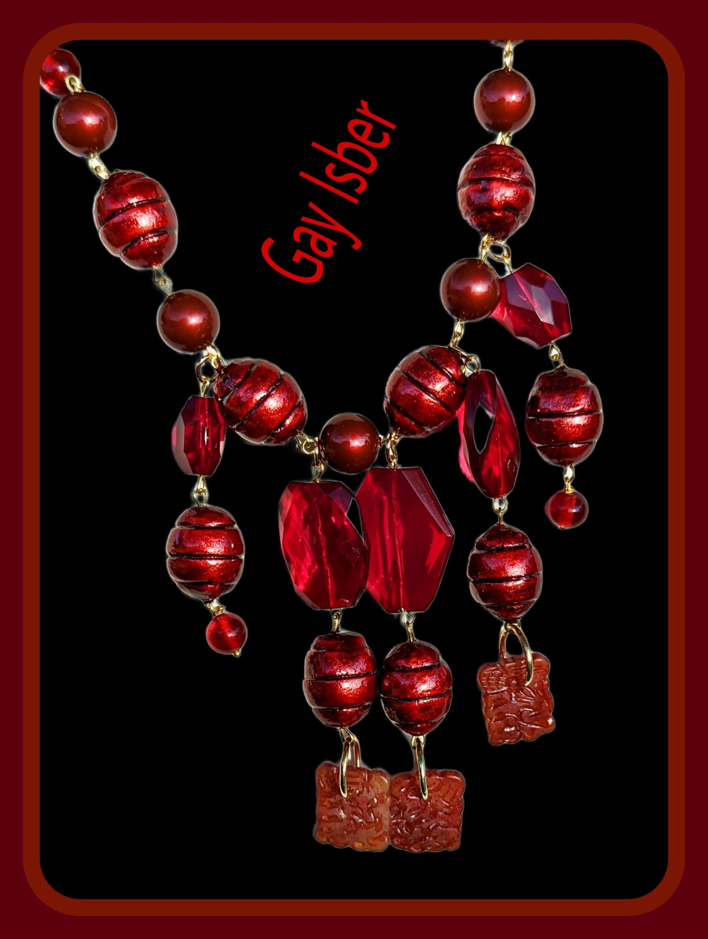 Deep Red Garnet Glass   Vintage Cotton Pearl Art Necklace Gay Isber USA 1 of 1