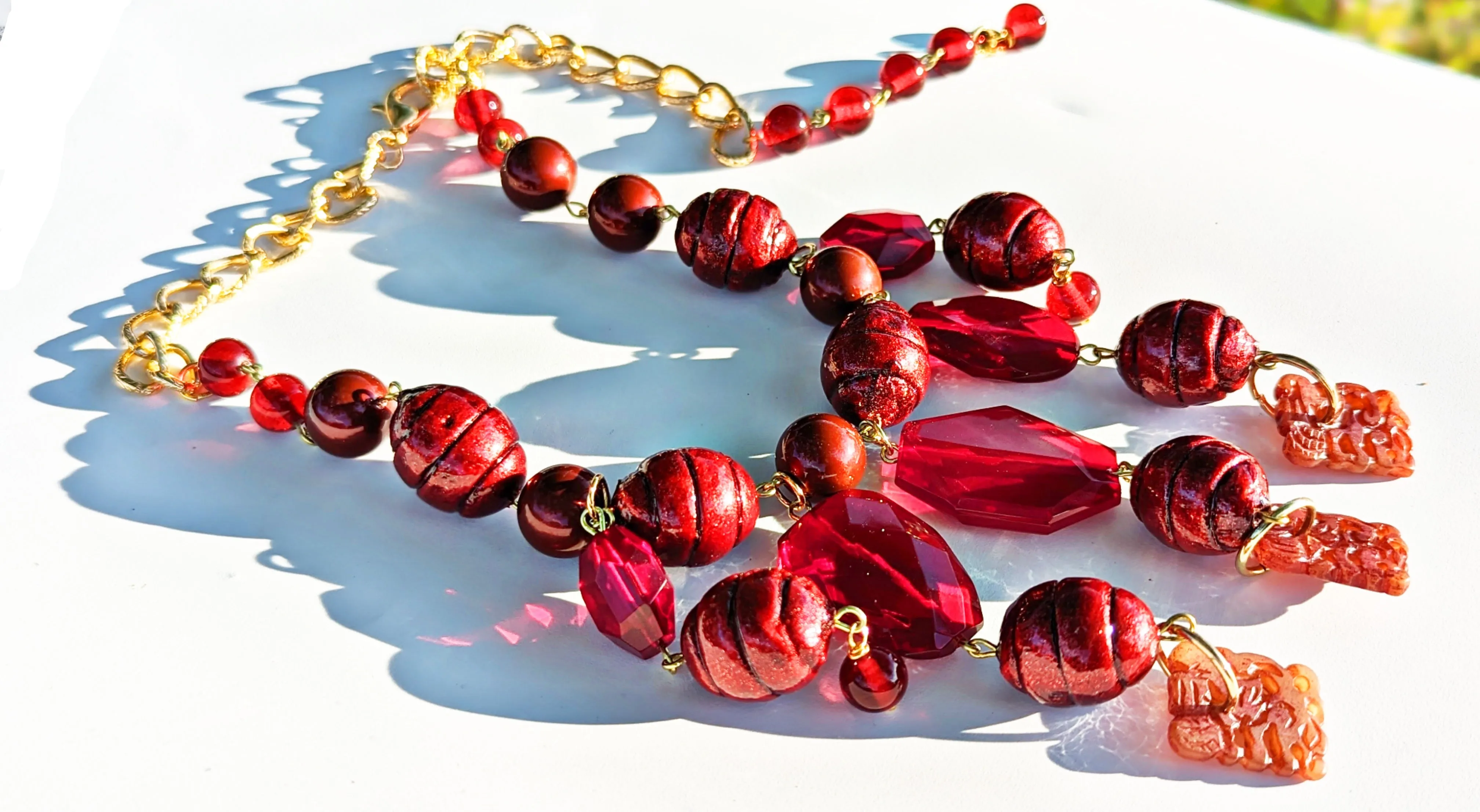 Deep Red Garnet Glass   Vintage Cotton Pearl Art Necklace Gay Isber USA 1 of 1