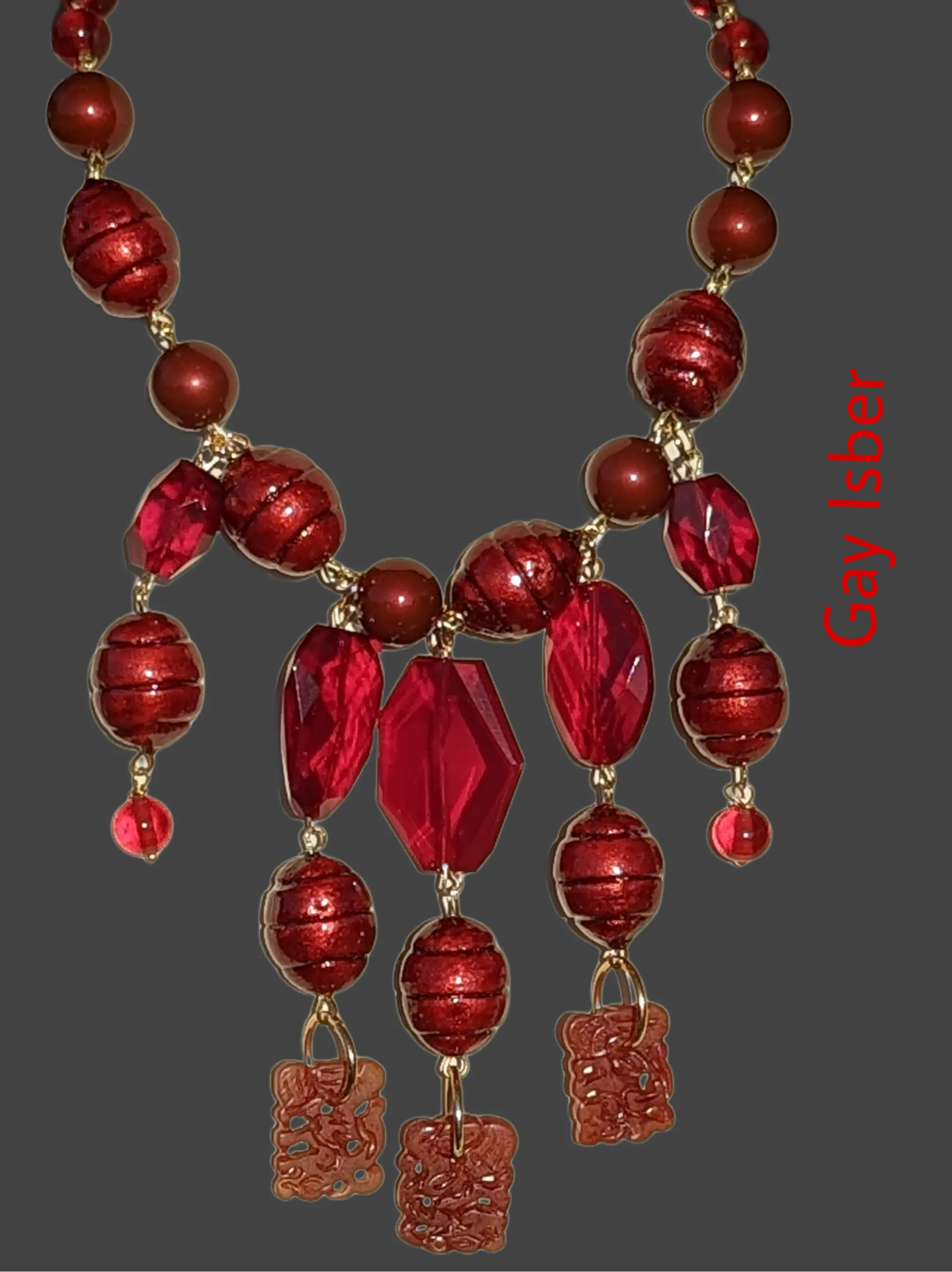 Deep Red Garnet Glass   Vintage Cotton Pearl Art Necklace Gay Isber USA 1 of 1