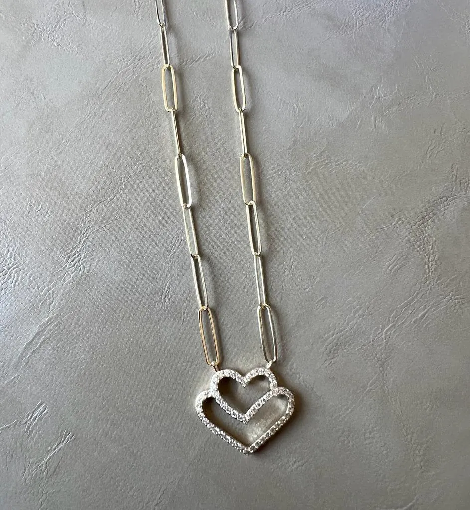 Diamond Heart Paperclip Necklace Set in 14K Tri-color Gold Diamond Heart Necklace, 0.24 ct Diamond Adjustable Chain Necklace 16" 18" 20"
