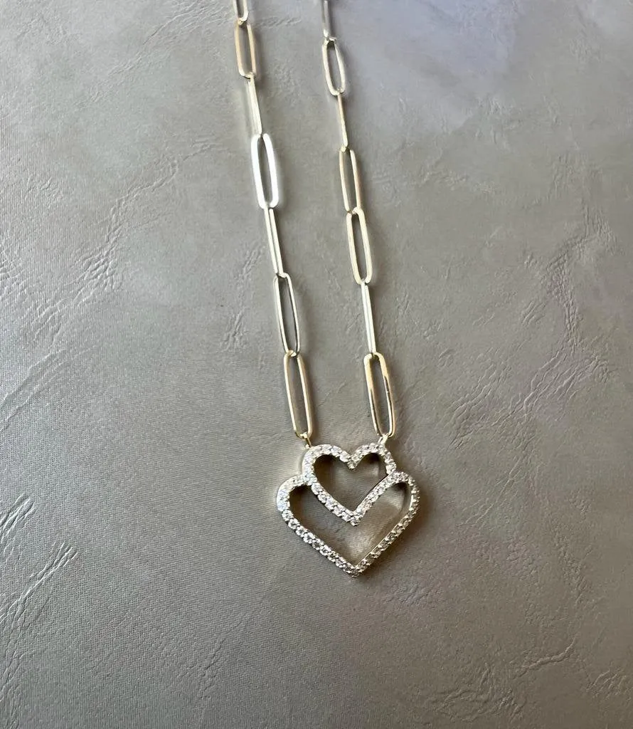 Diamond Heart Paperclip Necklace Set in 14K Tri-color Gold Diamond Heart Necklace, 0.24 ct Diamond Adjustable Chain Necklace 16" 18" 20"