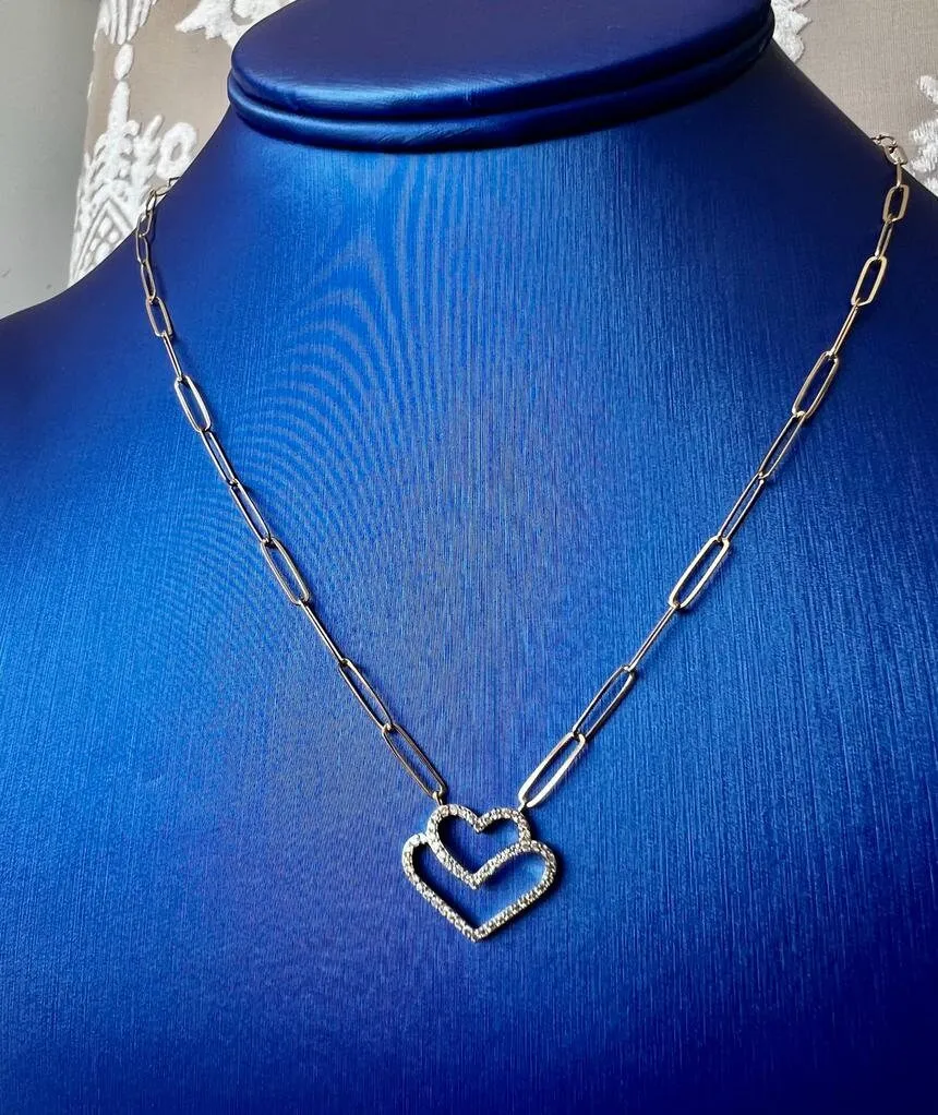 Diamond Heart Paperclip Necklace Set in 14K Tri-color Gold Diamond Heart Necklace, 0.24 ct Diamond Adjustable Chain Necklace 16" 18" 20"