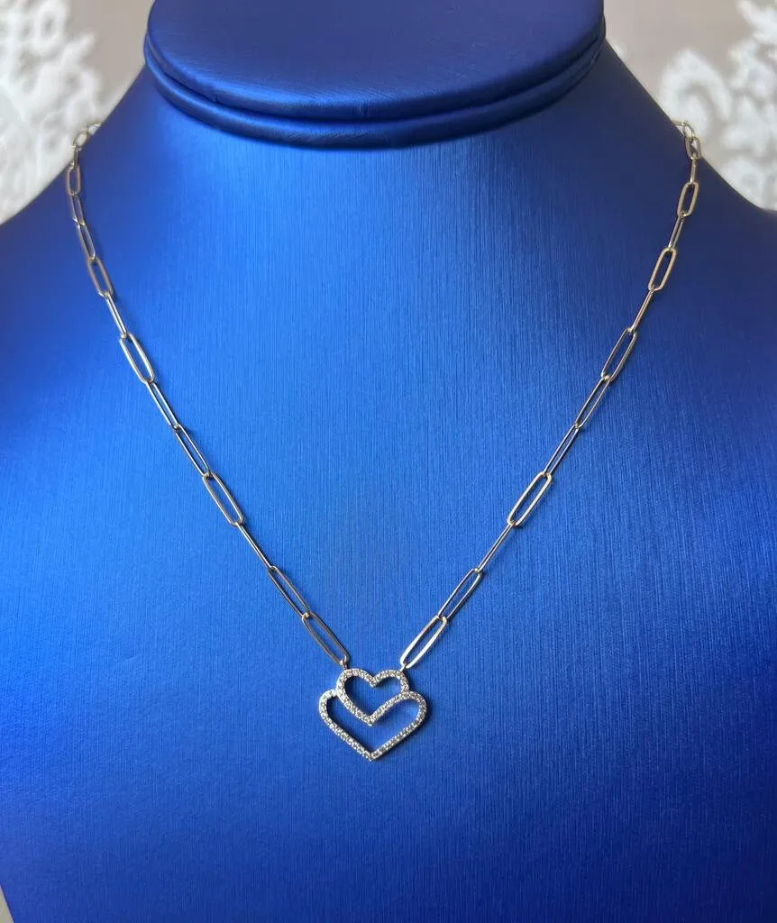 Diamond Heart Paperclip Necklace Set in 14K Tri-color Gold Diamond Heart Necklace, 0.24 ct Diamond Adjustable Chain Necklace 16" 18" 20"