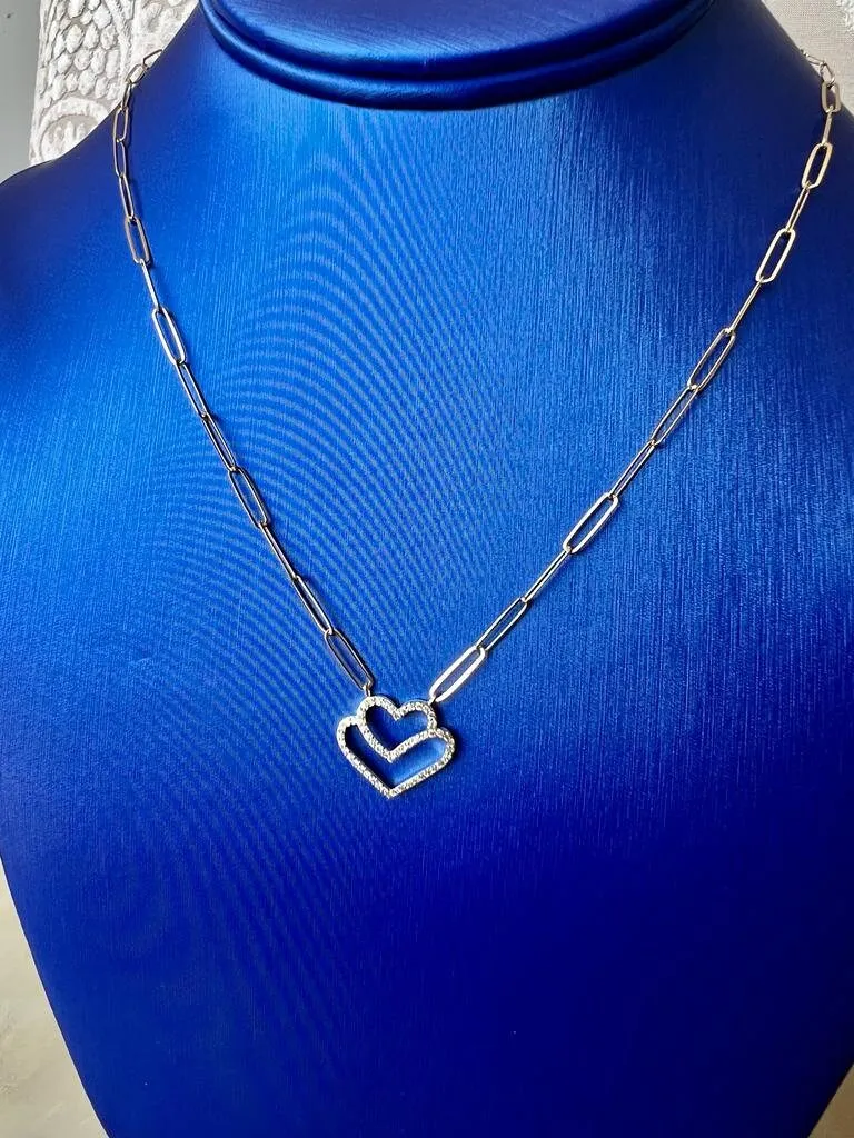 Diamond Heart Paperclip Necklace Set in 14K Tri-color Gold Diamond Heart Necklace, 0.24 ct Diamond Adjustable Chain Necklace 16" 18" 20"