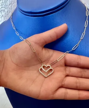 Diamond Heart Paperclip Necklace Set in 14K Tri-color Gold Diamond Heart Necklace, 0.24 ct Diamond Adjustable Chain Necklace 16" 18" 20"