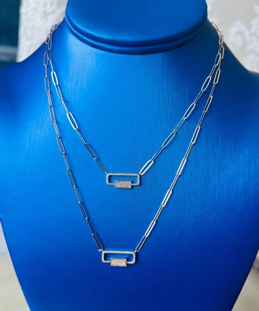 Diamond Paper Clip Link Necklace 14K White and Rose Gold 0.23 CT | 14K Gold Adjustable Chain Necklace for Women