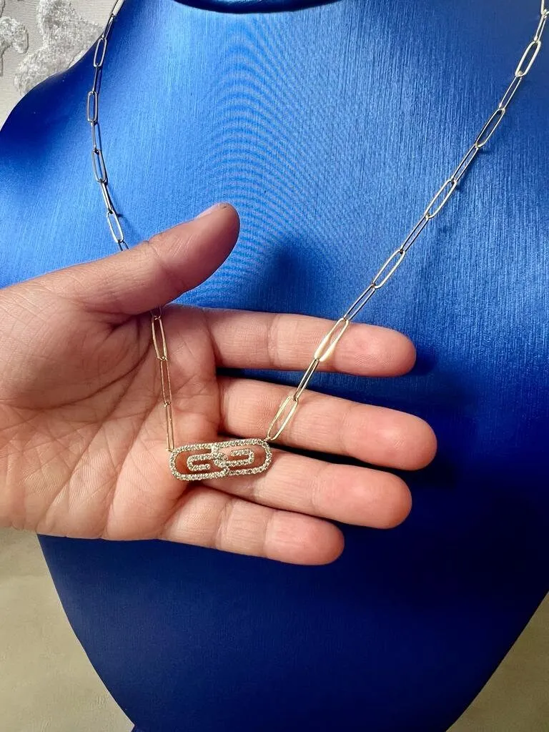 Diamond Paper Clip Necklace in 14K Yellow Gold | Link Necklace 0.35 CT | 14K Gold Adjustable Chain Necklace for Women | Paper Clip Necklace