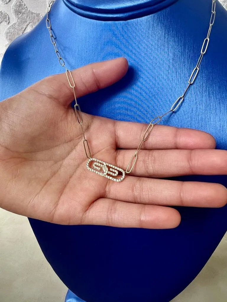 Diamond Paper Clip Necklace in 14K Yellow Gold | Link Necklace 0.35 CT | 14K Gold Adjustable Chain Necklace for Women | Paper Clip Necklace