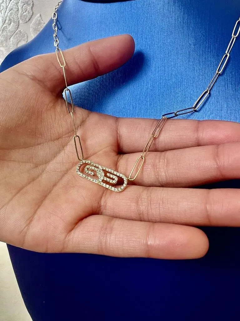 Diamond Paper Clip Necklace in 14K Yellow Gold | Link Necklace 0.35 CT | 14K Gold Adjustable Chain Necklace for Women | Paper Clip Necklace