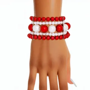 DST Inspired Bracelet Red White Stacked Pearls for Women