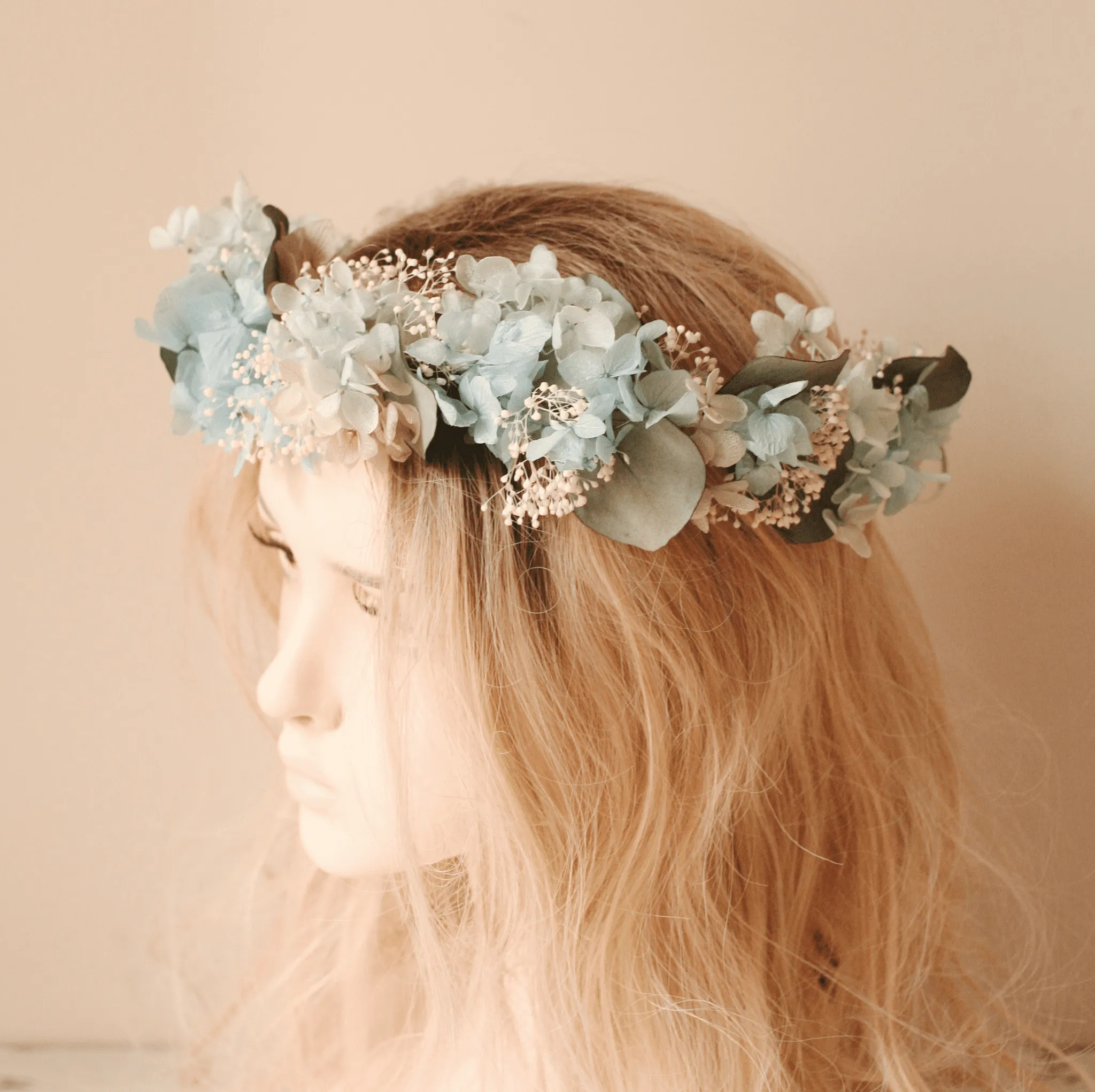 Everlasting Flower Crown BLUE EUCALYPTUS HYDRANGEA