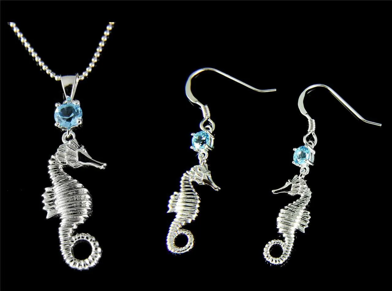 GENUINE BLUE TOPAZ SILVER 925 HAWAIIAN SEAHORSE PENDANT EARRINGS SET RHODIUM (SH-15)