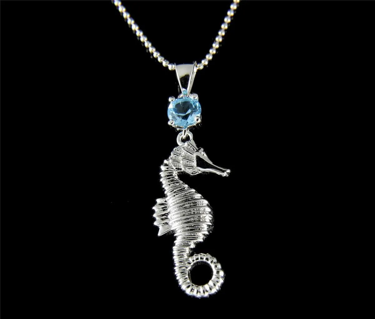 GENUINE BLUE TOPAZ SILVER 925 HAWAIIAN SEAHORSE PENDANT EARRINGS SET RHODIUM (SH-15)