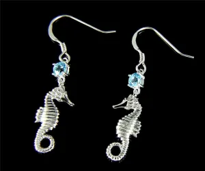 GENUINE BLUE TOPAZ SILVER 925 HAWAIIAN SEAHORSE WIRE HOOK EARRINGS RHODIUM (SH-7)