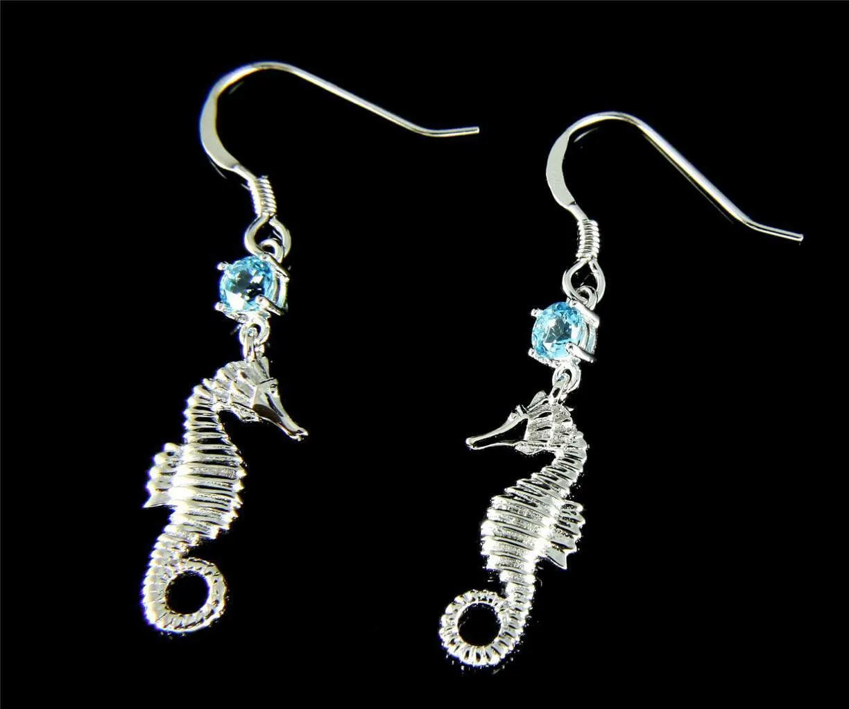 GENUINE BLUE TOPAZ SILVER 925 HAWAIIAN SEAHORSE WIRE HOOK EARRINGS RHODIUM (SH-7)