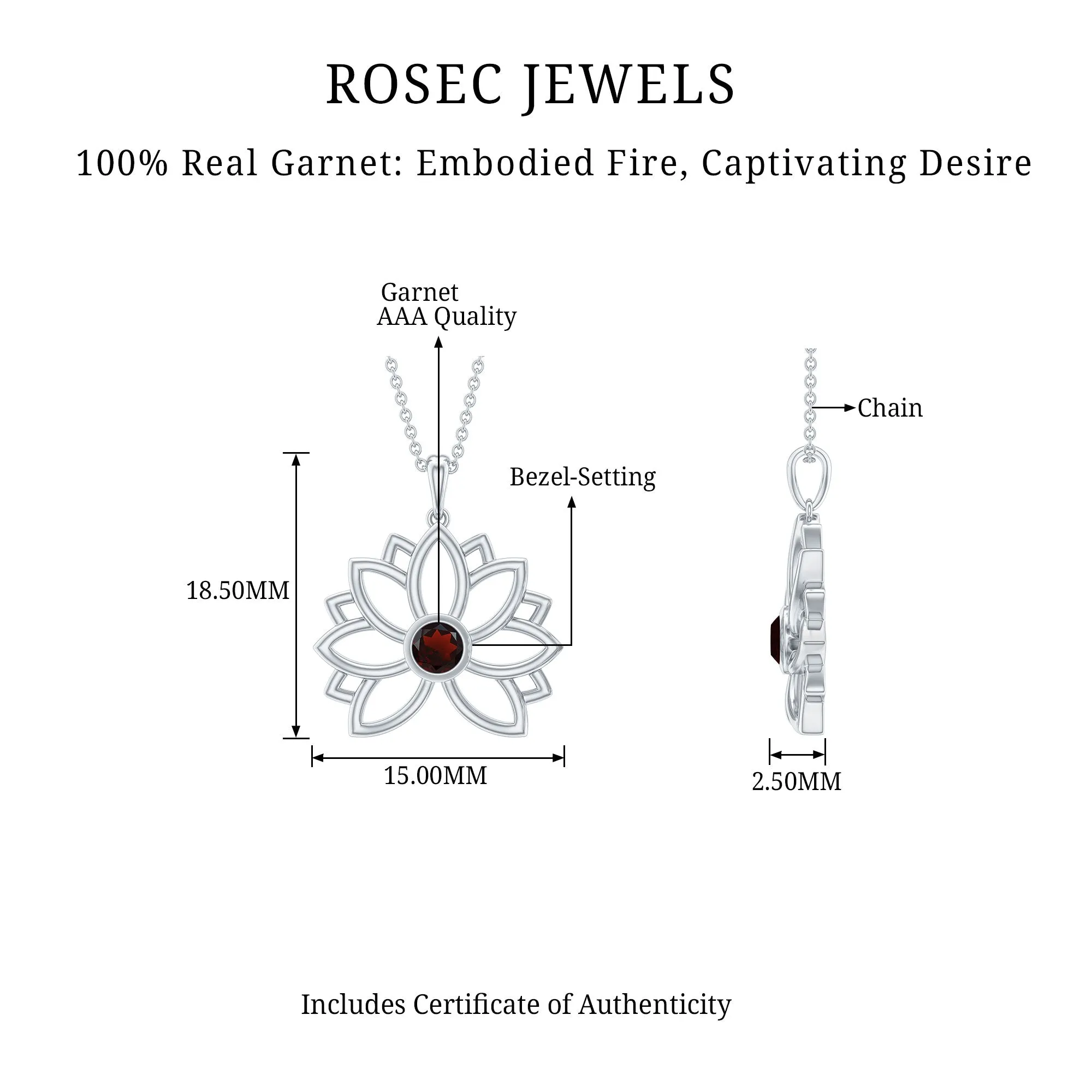 Gold Lotus Flower Pendant with 3 MM Round Cut Garnet
