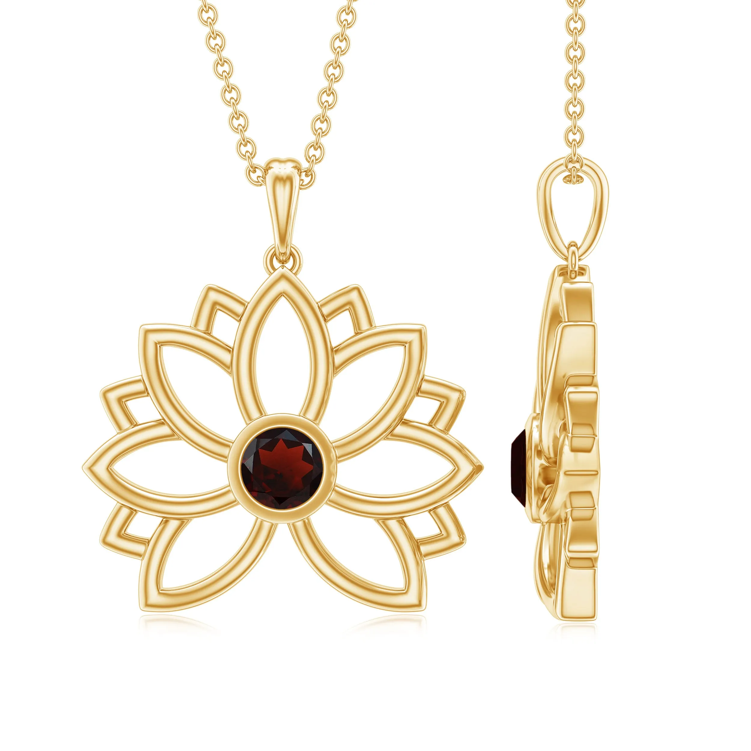 Gold Lotus Flower Pendant with 3 MM Round Cut Garnet