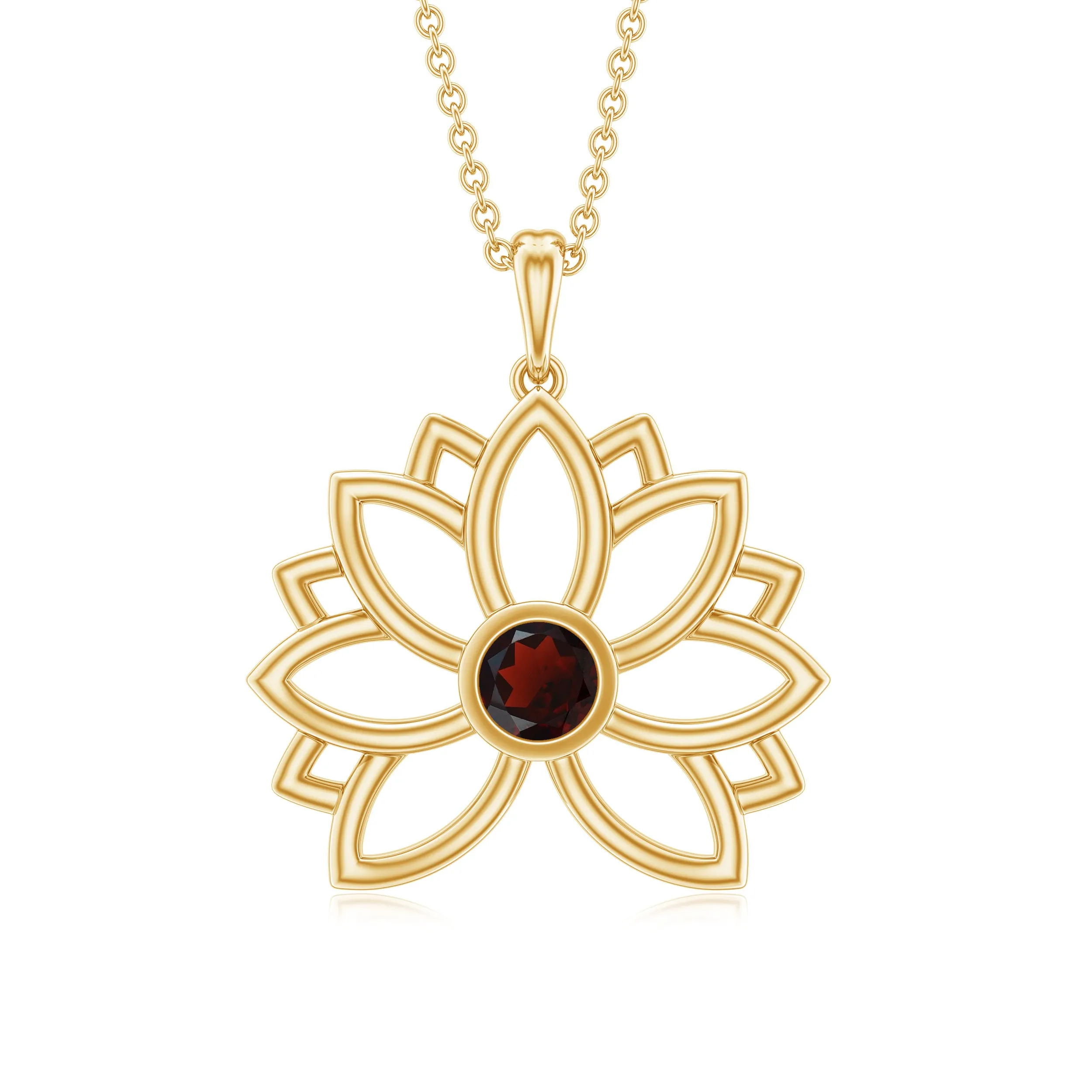 Gold Lotus Flower Pendant with 3 MM Round Cut Garnet