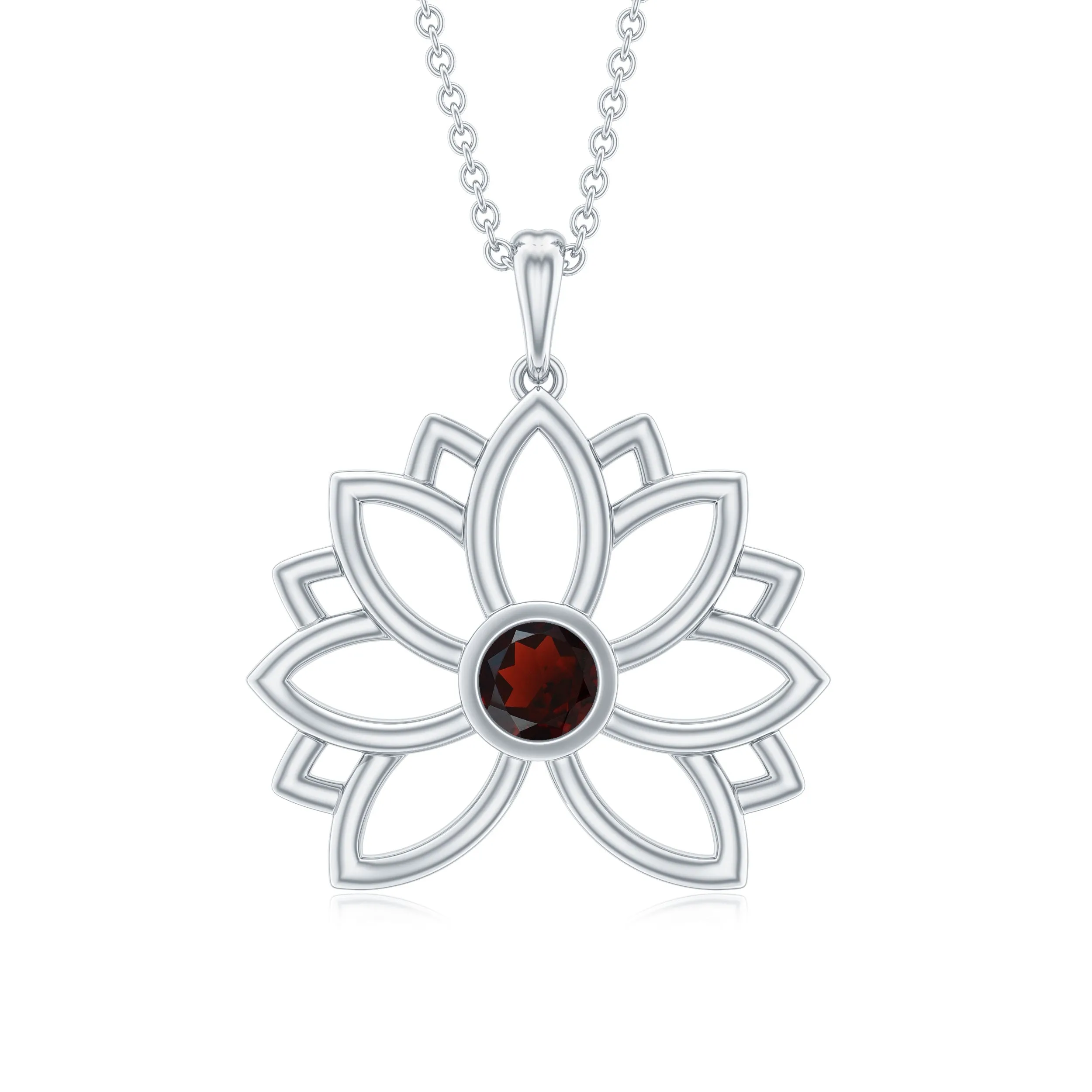 Gold Lotus Flower Pendant with 3 MM Round Cut Garnet